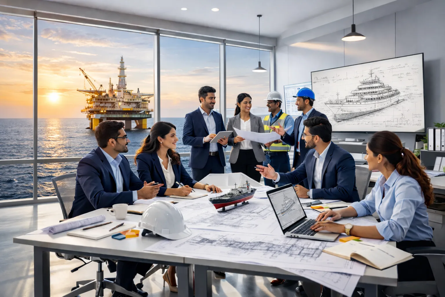 Industrial shipbuilding environment with skilled workers